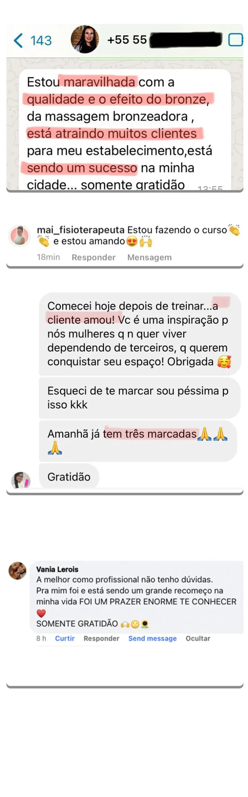 Mensagens de alunas no WhatsApp sobre os primeiros atendimentos