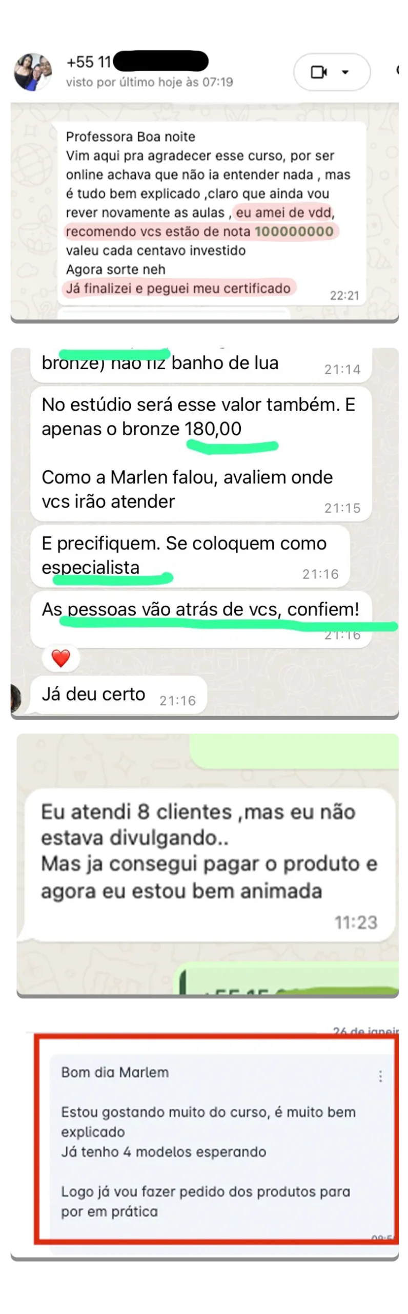 Conversas de alunas sobre precificação e agenda depois do curso
