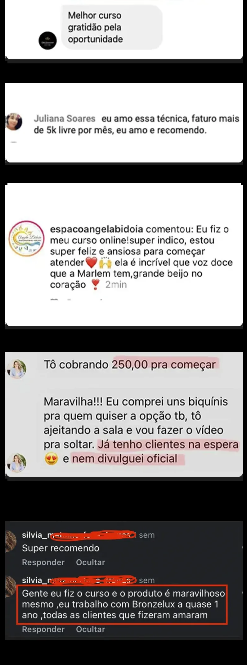 Comentários de alunas no Instagram sobre o curso e o resultado